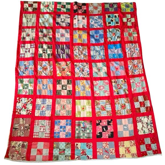 Unbranded Other - Vibrant Vintage Red Nine Patch Quilt Handcrafted Americana 65x75”